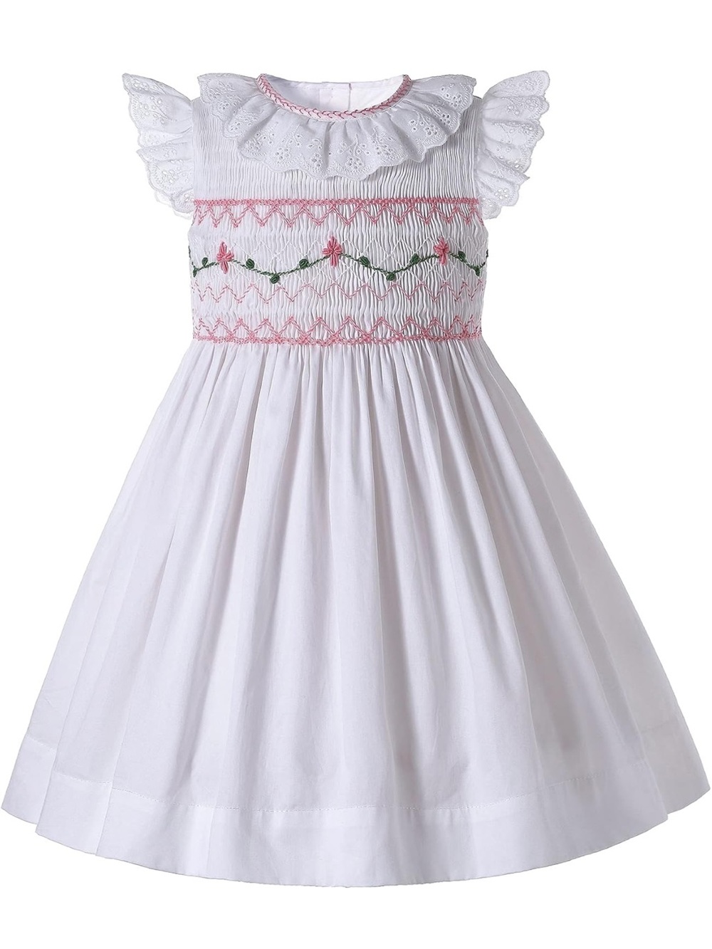 Antoinette Paris inspired White cottonSmocked Floral Girl's Dress with Pink Trim